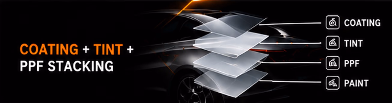 Coating + tint + PPF stacking Coating + tint + PPF stacking